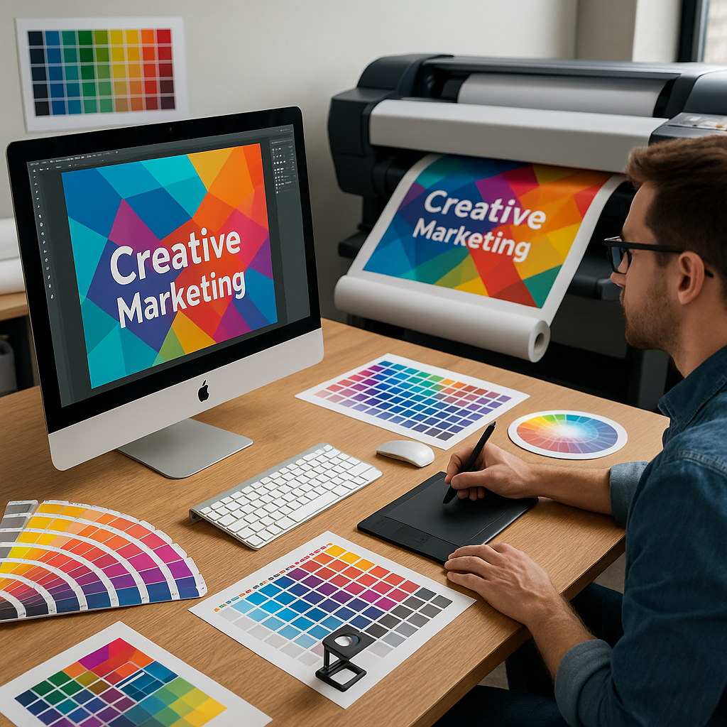 A designer in a printing office, among several vibrant color pallettes